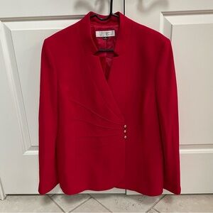 Tahari ASL Cherry Red Nipped Waist Gold Button Notch Collar Lined Blazer Jacket